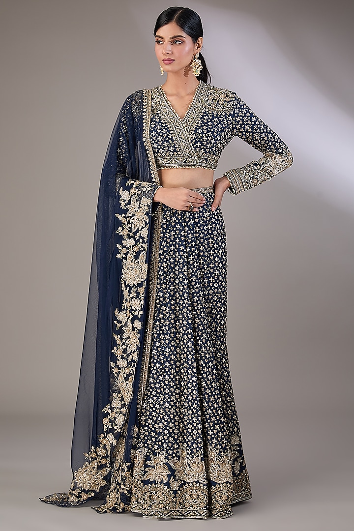 Navy Blue Raw Silk Tree-Motif Embroidered Skirt Saree Set by Ridhi Mehra at Pernia's Pop Up Shop