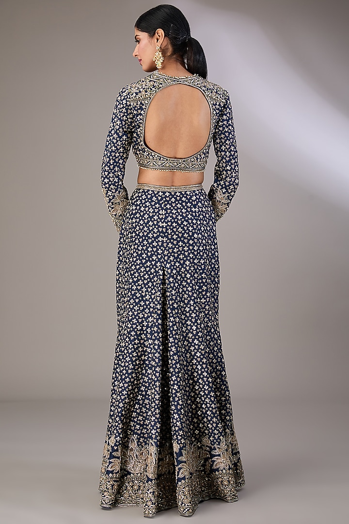 Navy Blue Raw Silk Tree-Motif Embroidered Skirt Bridal Saree Set by Ridhi Mehra at Pernia's Pop Up Shop