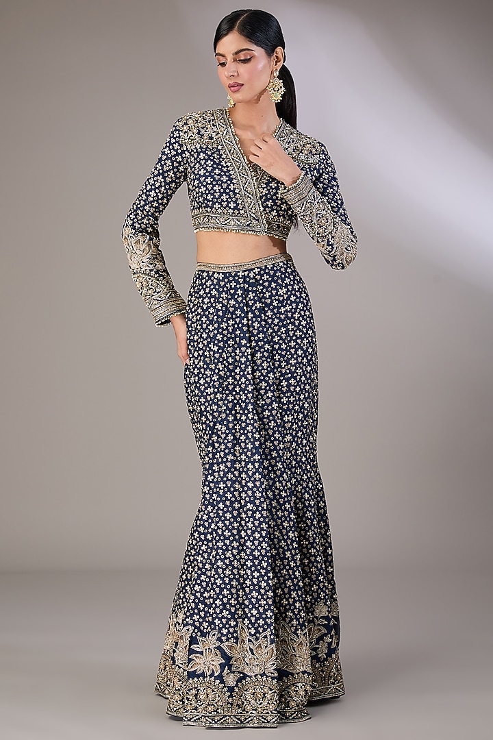 Navy Blue Raw Silk Tree-Motif Embroidered Skirt Bridal Saree Set by Ridhi Mehra at Pernia's Pop Up Shop