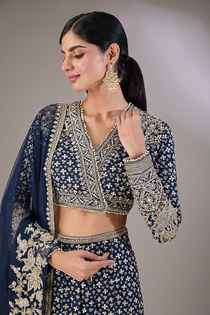 Navy Blue Raw Silk Tree-Motif Embroidered Skirt Bridal Saree Set by Ridhi Mehra at Pernia's Pop Up Shop
