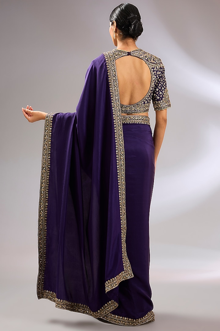 Purple Silk Embroidered Reception Saree Set by Ridhi Mehra at Pernia's Pop Up Shop