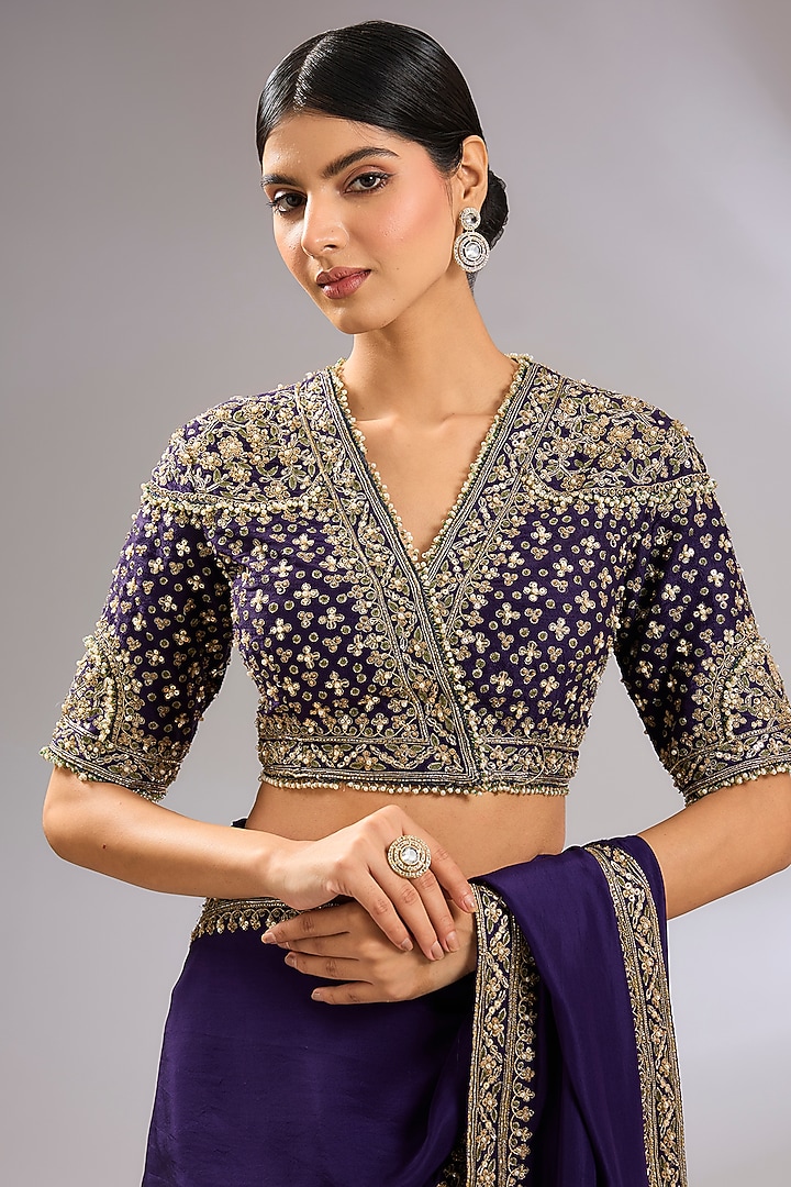 Purple Silk Embroidered Reception Saree Set by Ridhi Mehra at Pernia's Pop Up Shop