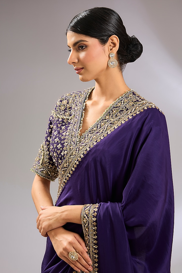 Purple Silk Embroidered Reception Saree Set by Ridhi Mehra at Pernia's Pop Up Shop