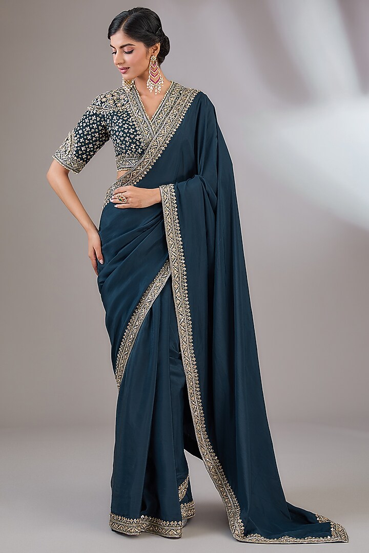 Navy Blue Silk Reception Saree Set by Ridhi Mehra at Pernia's Pop Up Shop