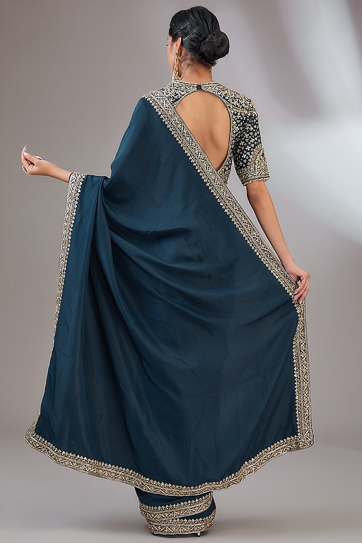 Navy Blue Silk Reception Saree Set by Ridhi Mehra at Pernia's Pop Up Shop
