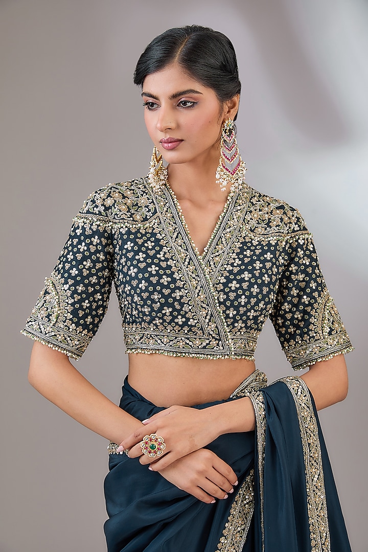 Navy Blue Silk Reception Saree Set by Ridhi Mehra at Pernia's Pop Up Shop
