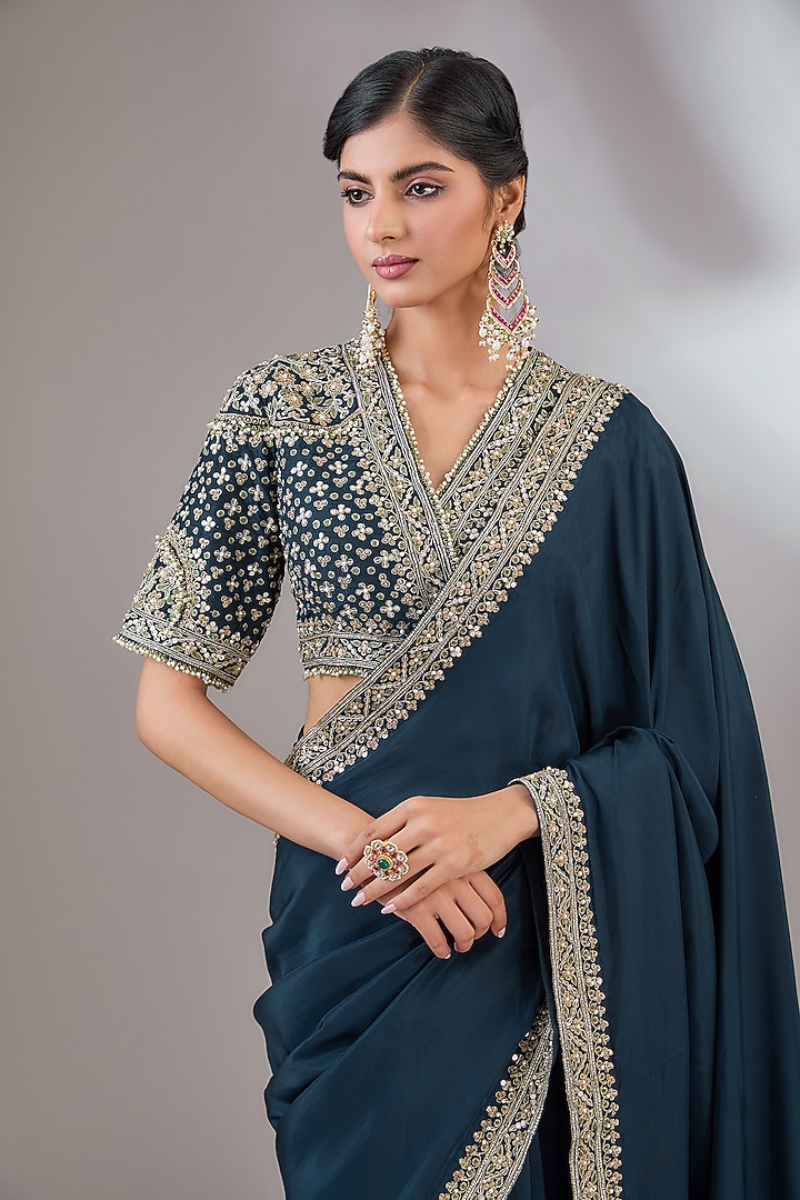 Navy Blue Silk Reception Saree Set by Ridhi Mehra at Pernia's Pop Up Shop