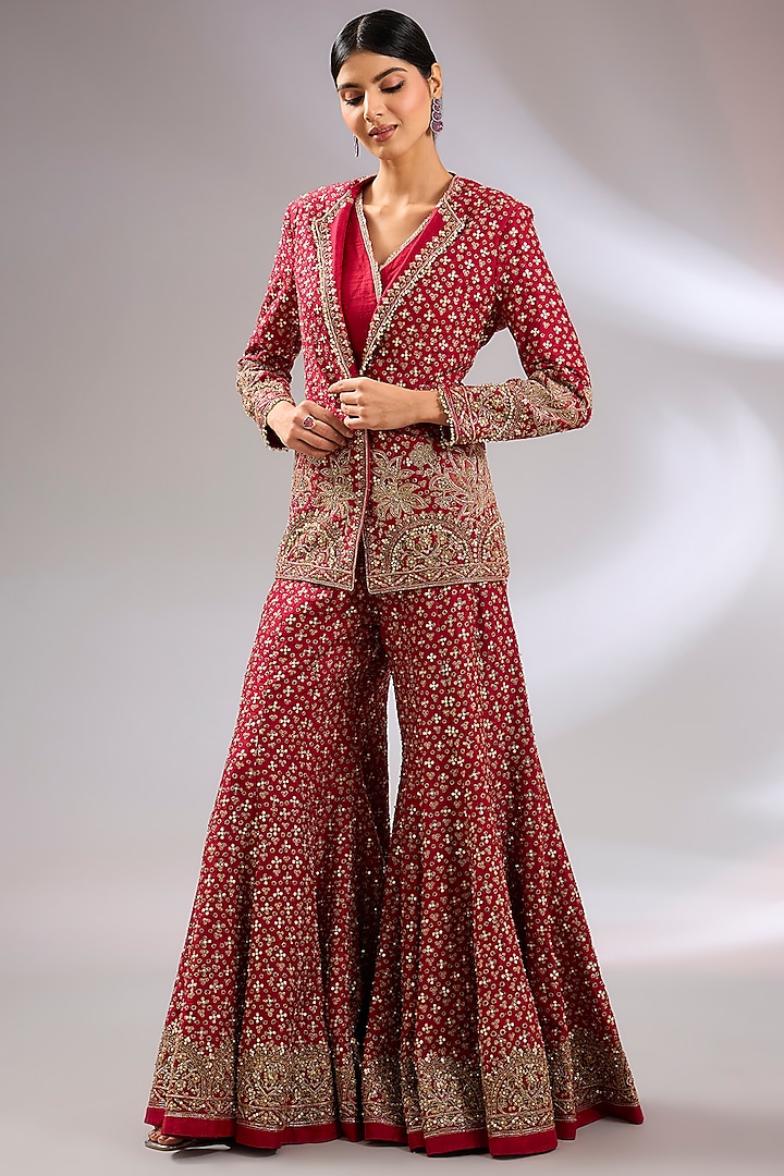 Red Raw Silk Motif Embroidered Jacket Set by Ridhi Mehra at Pernia's Pop Up Shop