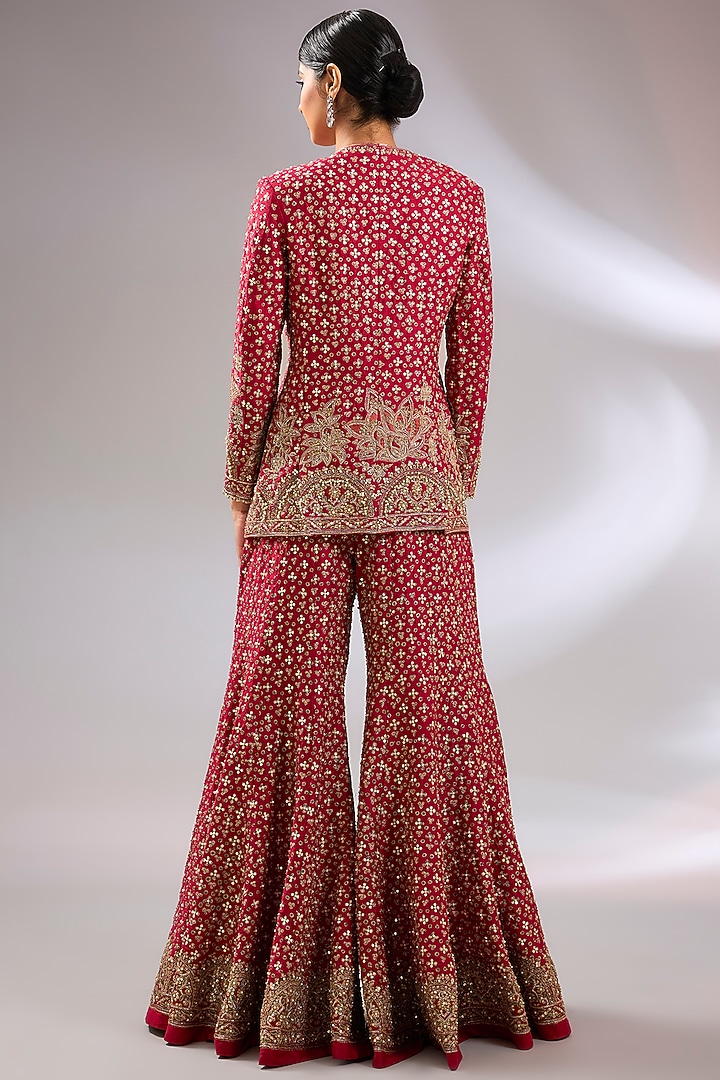 Red Raw Silk Motif Embroidered Jacket Set by Ridhi Mehra at Pernia's Pop Up Shop