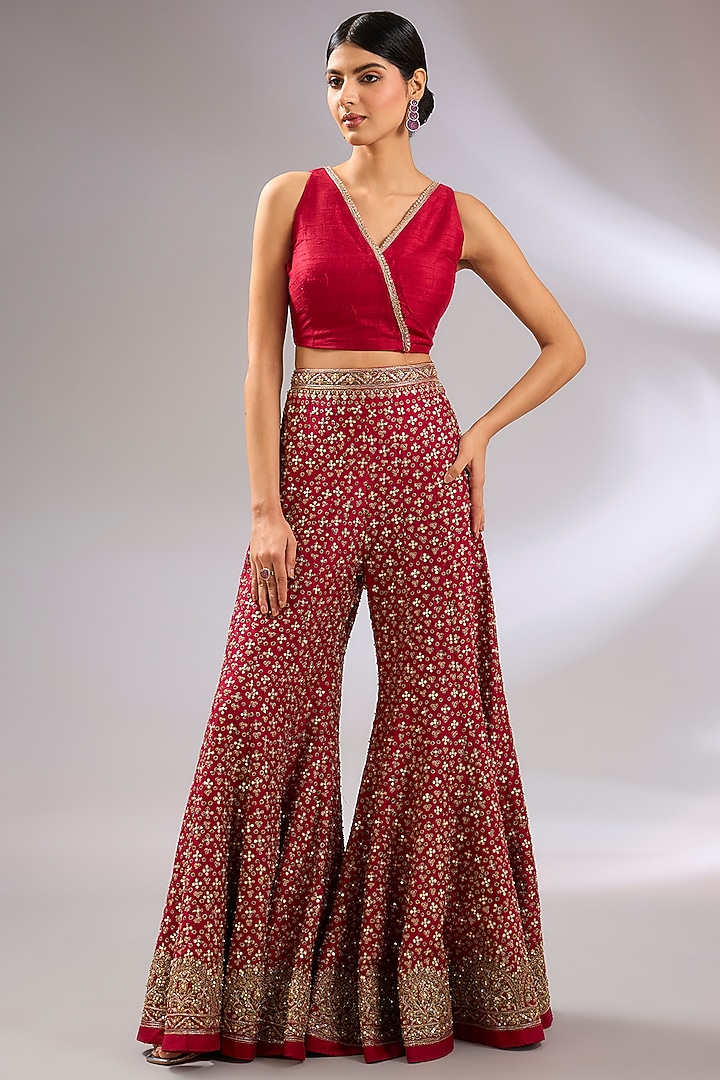 Red Raw Silk Motif Embroidered Jacket Set by Ridhi Mehra at Pernia's Pop Up Shop