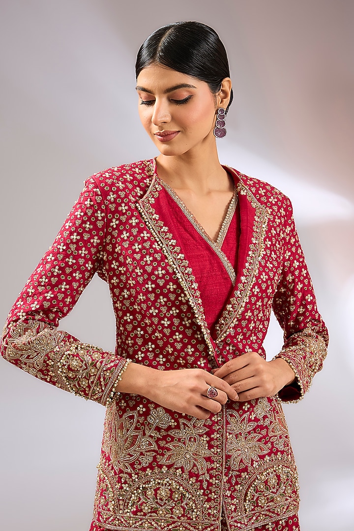 Red Raw Silk Motif Embroidered Jacket Set by Ridhi Mehra at Pernia's Pop Up Shop