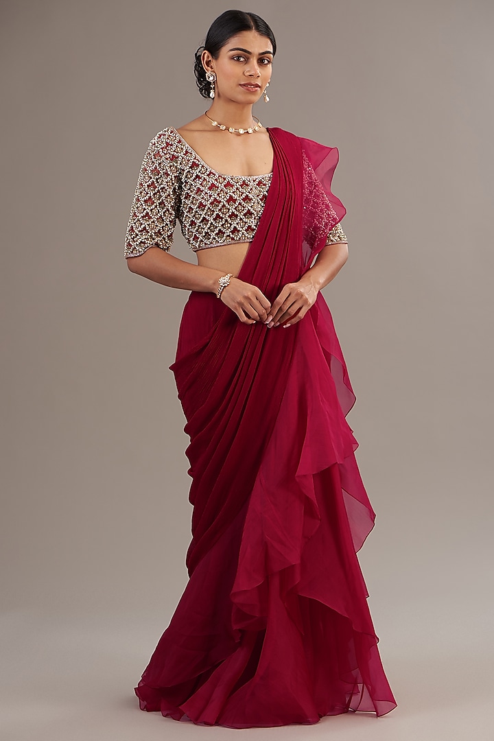 Deep Fuchsia Chiffon & Organza Draped Ruffled Saree Set by Ridhi Mehra at Pernia's Pop Up Shop