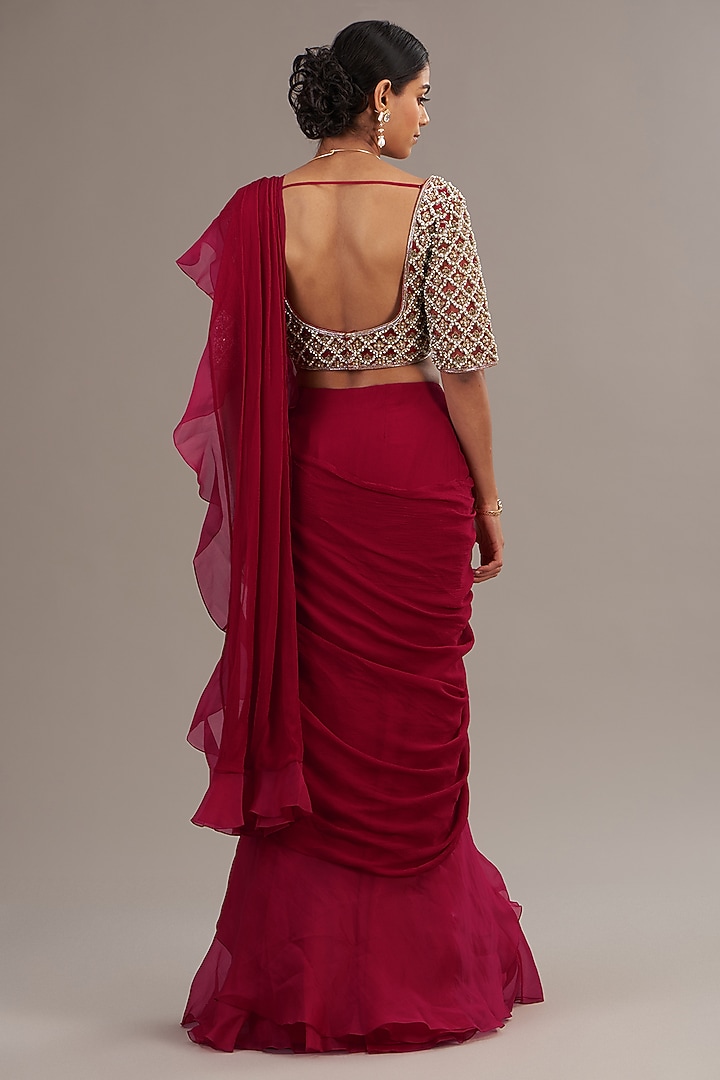 Deep Fuchsia Chiffon & Organza Draped Ruffled Reception Saree Set by Ridhi Mehra at Pernia's Pop Up Shop