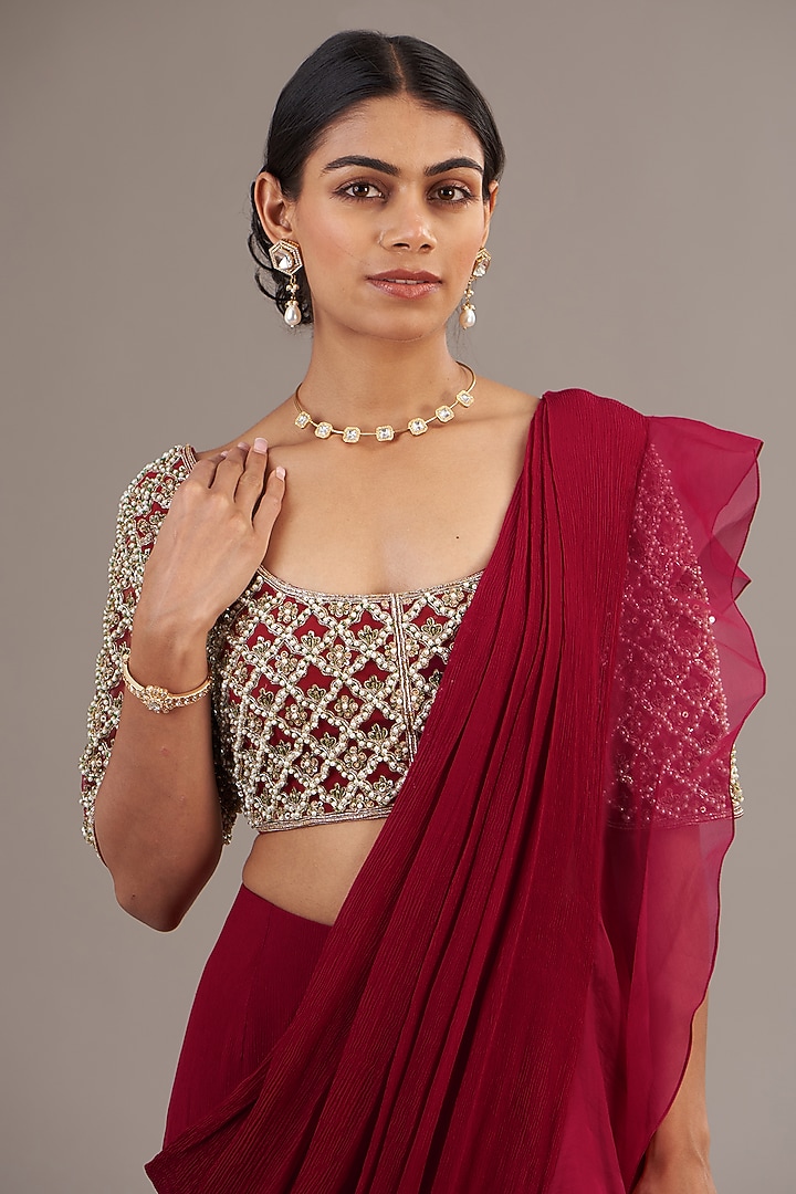 Deep Fuchsia Chiffon & Organza Draped Ruffled Reception Saree Set by Ridhi Mehra at Pernia's Pop Up Shop