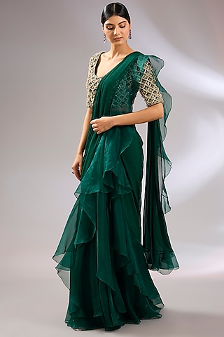 Emerald Green Chiffon Draped Ruffled Saree Set by Ridhi Mehra