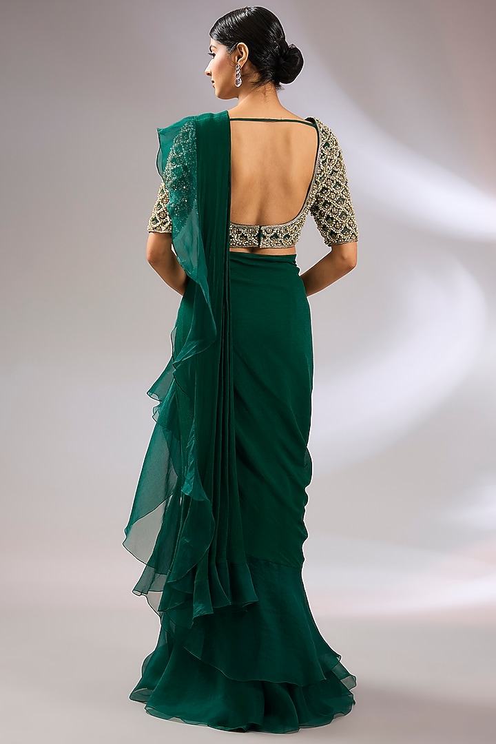Emerald Green Chiffon Draped Ruffled Reception Saree Set by Ridhi Mehra at Pernia's Pop Up Shop