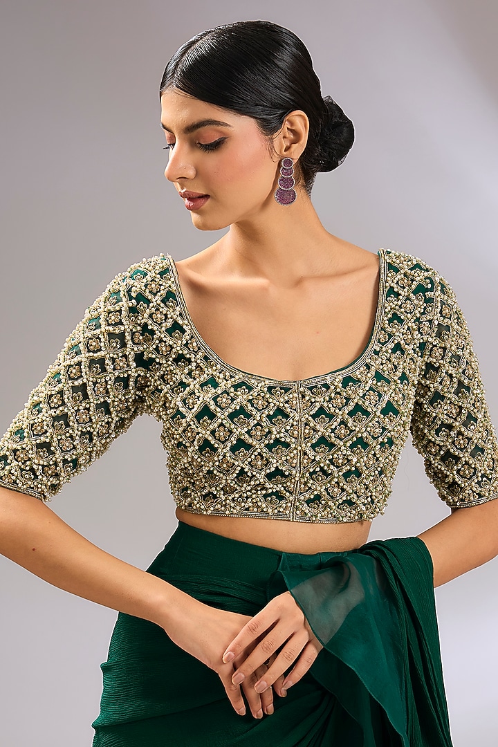 Emerald Green Chiffon Draped Ruffled Reception Saree Set by Ridhi Mehra at Pernia's Pop Up Shop