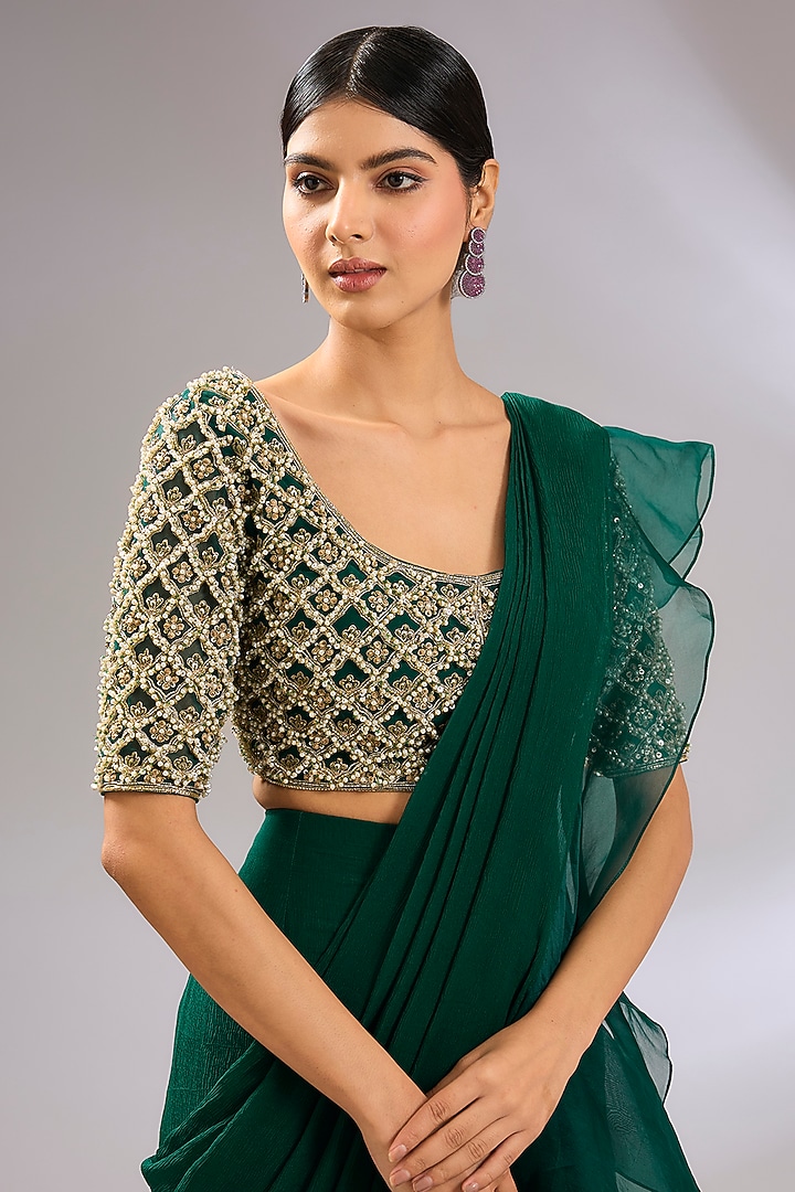 Emerald Green Chiffon Draped Ruffled Reception Saree Set by Ridhi Mehra at Pernia's Pop Up Shop