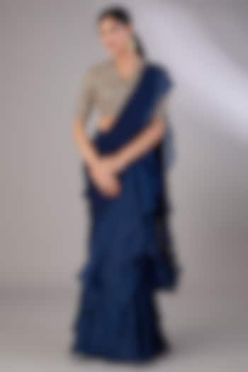 Navy Blue Chiffon & Organza Pre-Draped Ruffled Saree Set by Ridhi Mehra at Pernia's Pop Up Shop