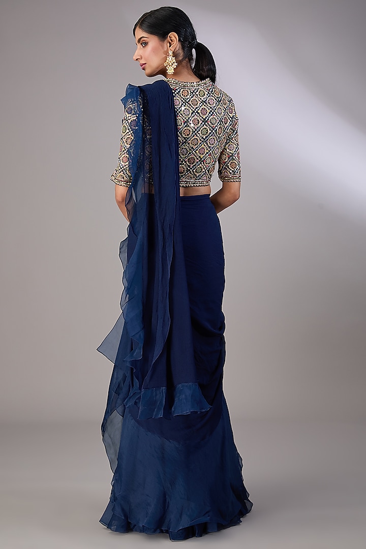 Navy Blue Chiffon & Organza Pre-Draped Ruffled Reception Saree Set by Ridhi Mehra at Pernia's Pop Up Shop