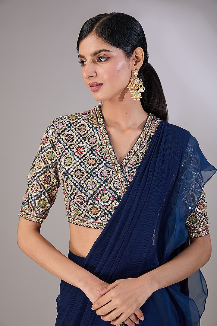 Navy Blue Chiffon & Organza Pre-Draped Ruffled Reception Saree Set by Ridhi Mehra at Pernia's Pop Up Shop