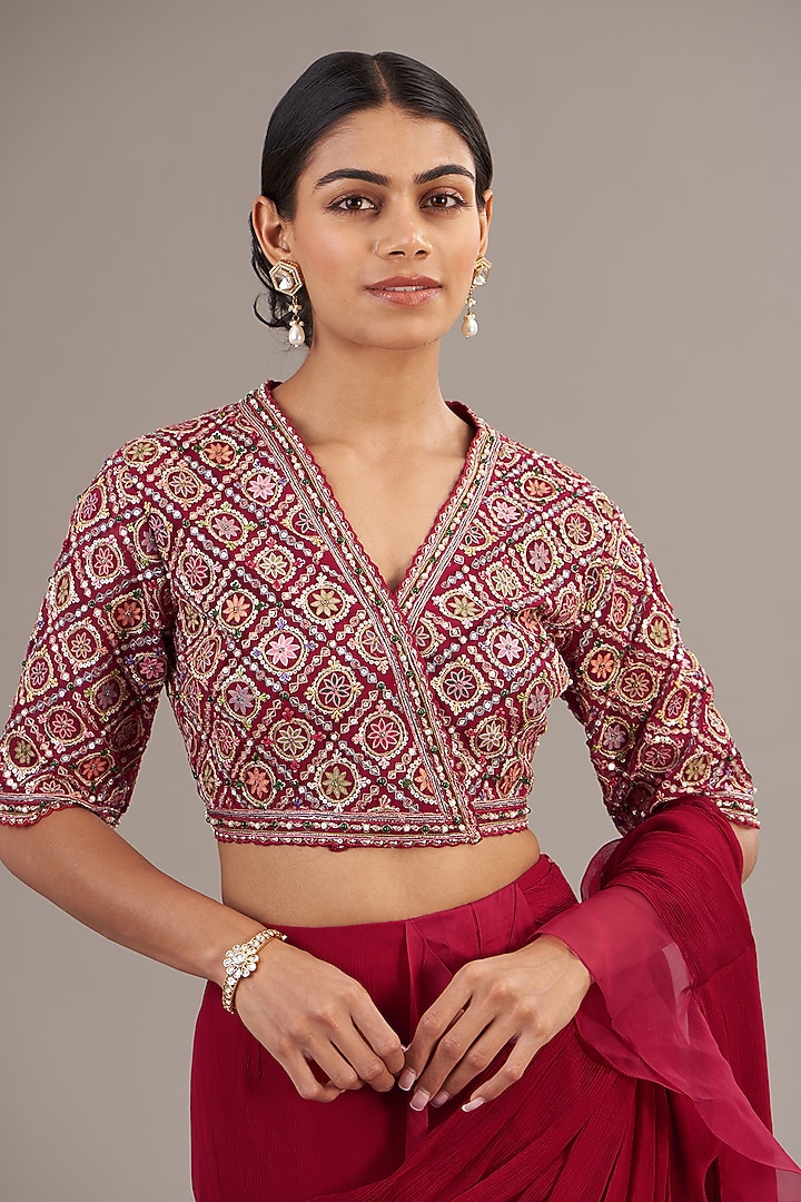 Red Chiffon Pre-Draped Ruffled Reception Saree Set by Ridhi Mehra at Pernia's Pop Up Shop