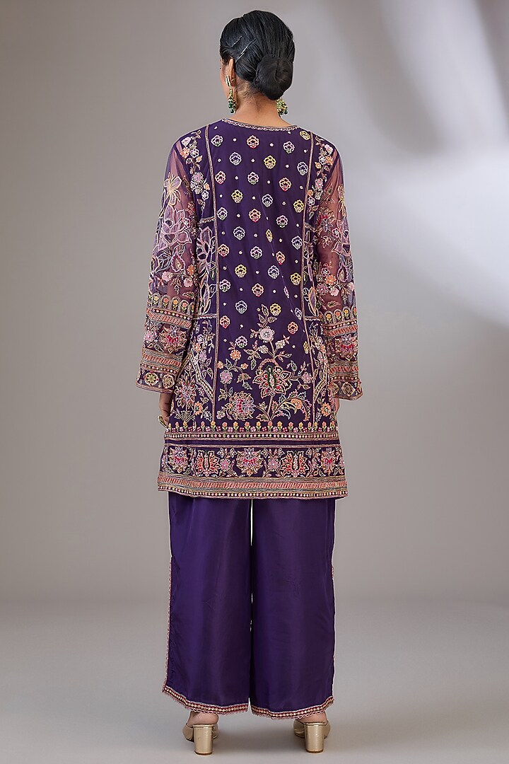 Purple Net Floral Motif Embroidered Kurta Set by Ridhi Mehra at Pernia's Pop Up Shop