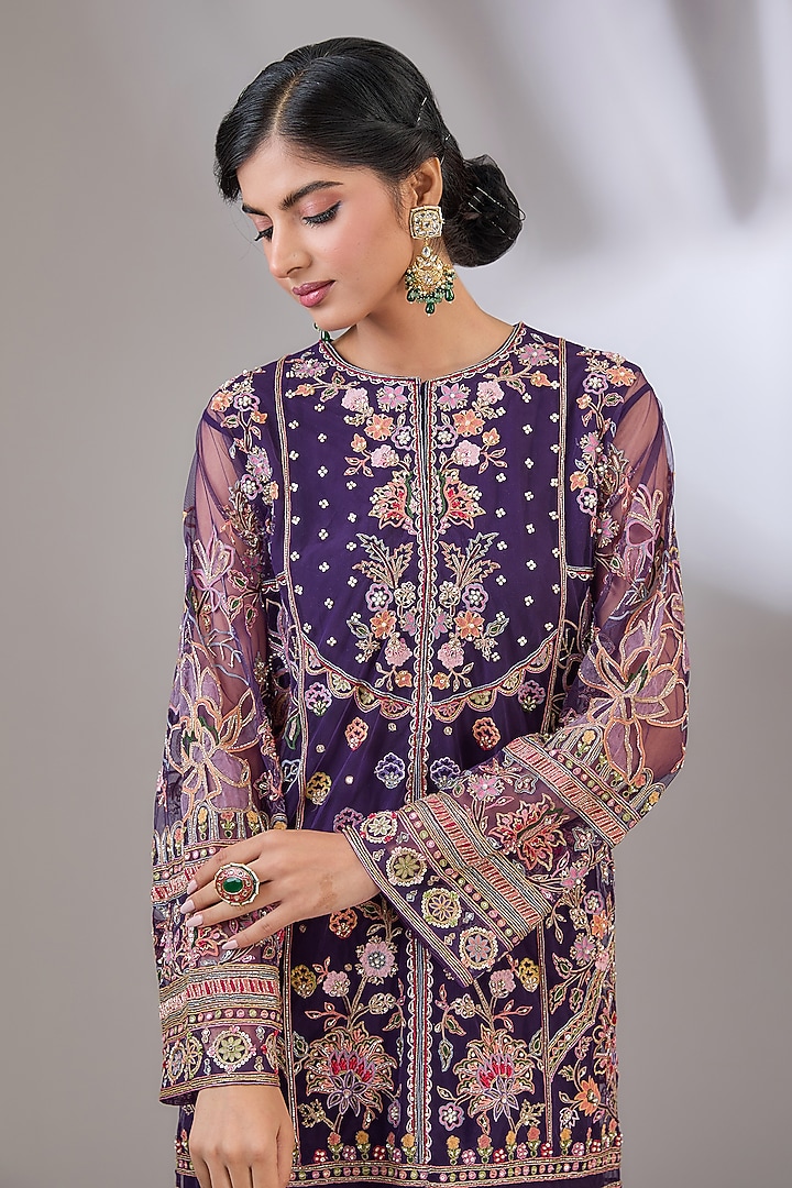 Purple Net Floral Motif Embroidered Kurta Set by Ridhi Mehra at Pernia's Pop Up Shop