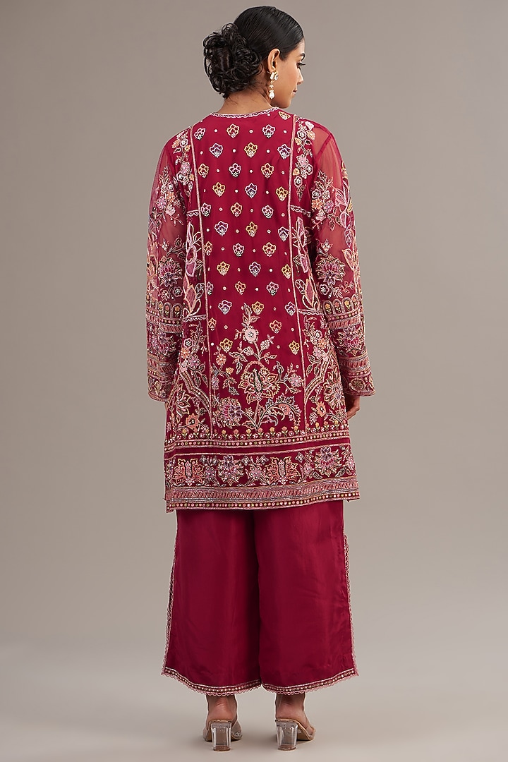 Red Net Floral Motif Embroidered Kurta Set by Ridhi Mehra at Pernia's Pop Up Shop