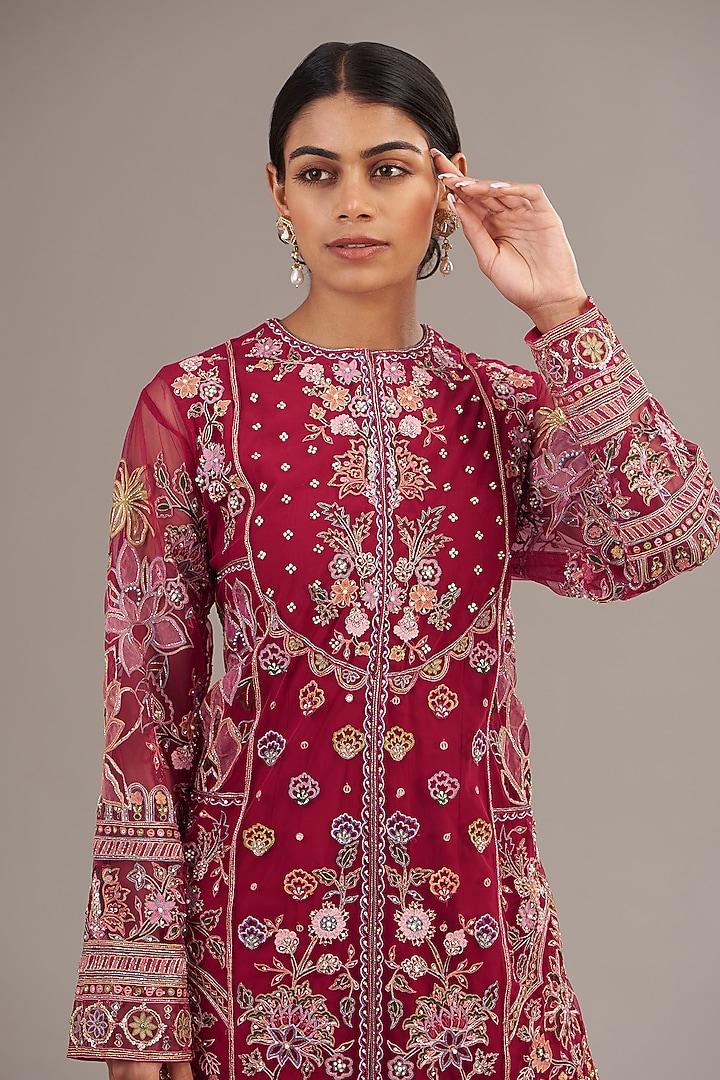 Red Net Floral Motif Embroidered Kurta Set by Ridhi Mehra at Pernia's Pop Up Shop