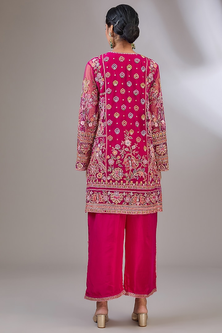 Deep Fuchsia Net Floral Motif Embroidered Kurta Set by Ridhi Mehra at Pernia's Pop Up Shop