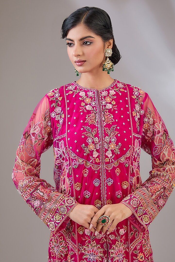 Deep Fuchsia Net Floral Motif Embroidered Kurta Set by Ridhi Mehra at Pernia's Pop Up Shop