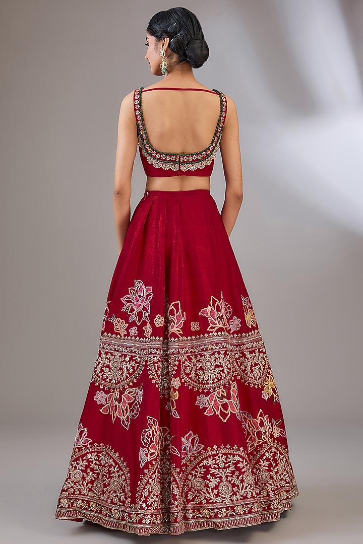Red Raw Silk Sequins Embroidered Bridal Lehenga Set by Ridhi Mehra at Pernia's Pop Up Shop