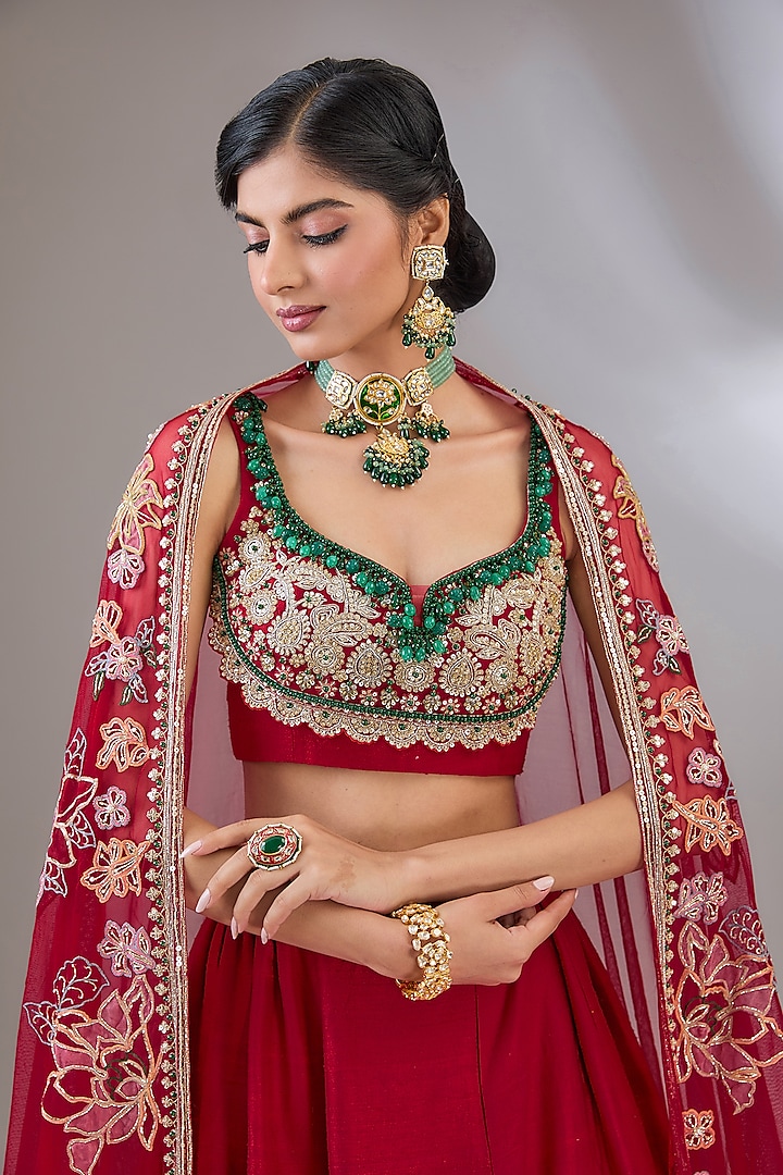 Red Raw Silk Sequins Embroidered Bridal Lehenga Set by Ridhi Mehra at Pernia's Pop Up Shop