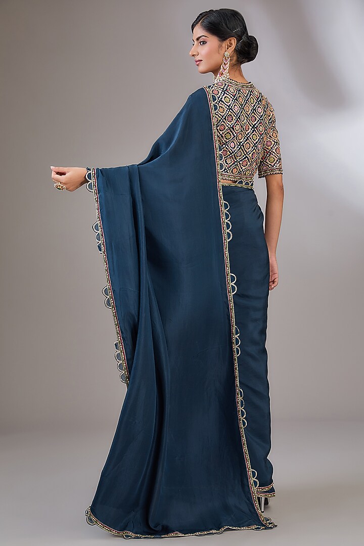 Navy Blue Silk Reception Saree Set by Ridhi Mehra at Pernia's Pop Up Shop