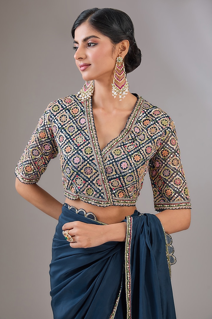 Navy Blue Silk Reception Saree Set by Ridhi Mehra at Pernia's Pop Up Shop