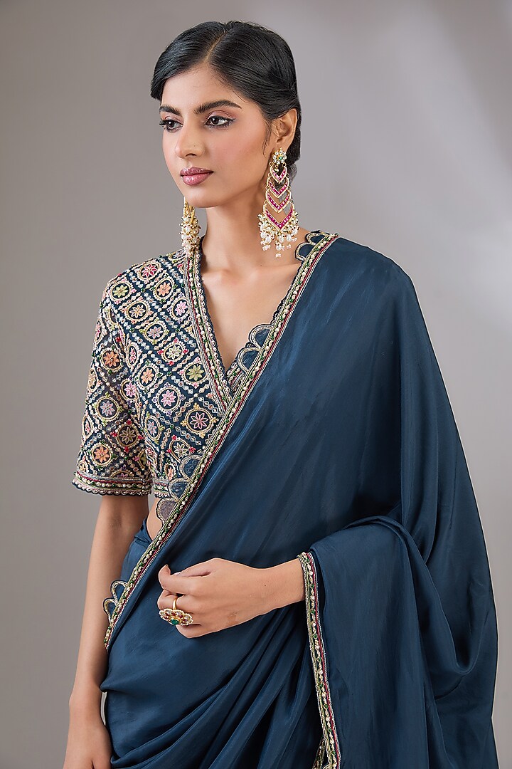 Navy Blue Silk Reception Saree Set by Ridhi Mehra at Pernia's Pop Up Shop