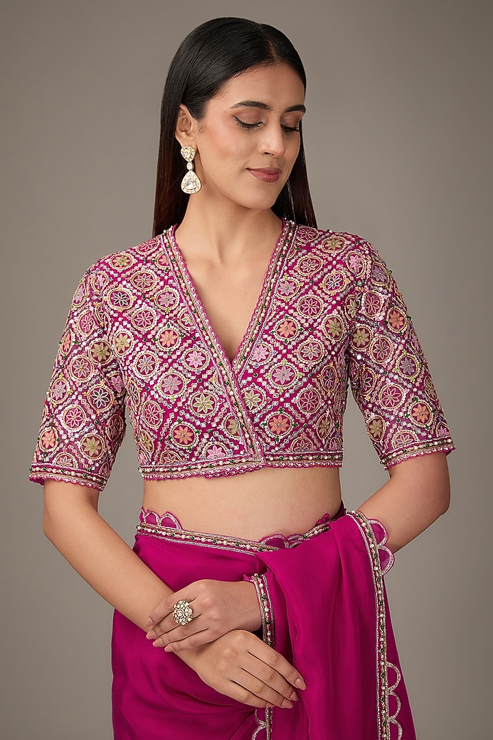 Deep Fuchsia Silk Reception Saree Set by Ridhi Mehra at Pernia's Pop Up Shop