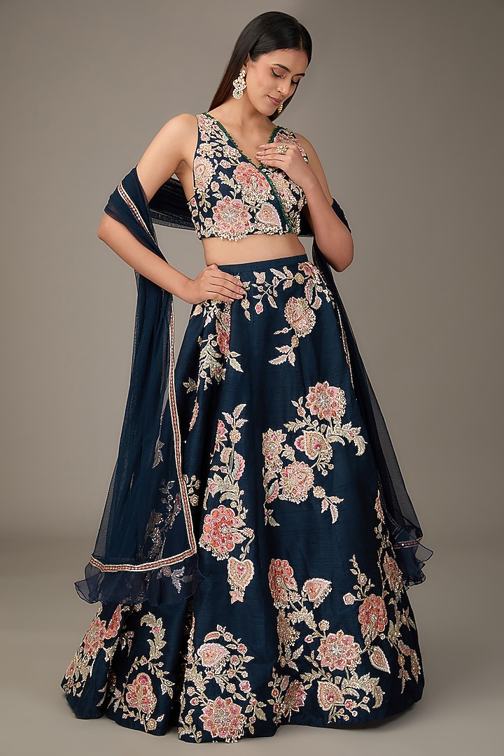 Navy Blue Raw Silk Floral Embroidered Bridal Lehenga Set by Ridhi Mehra at Pernia's Pop Up Shop