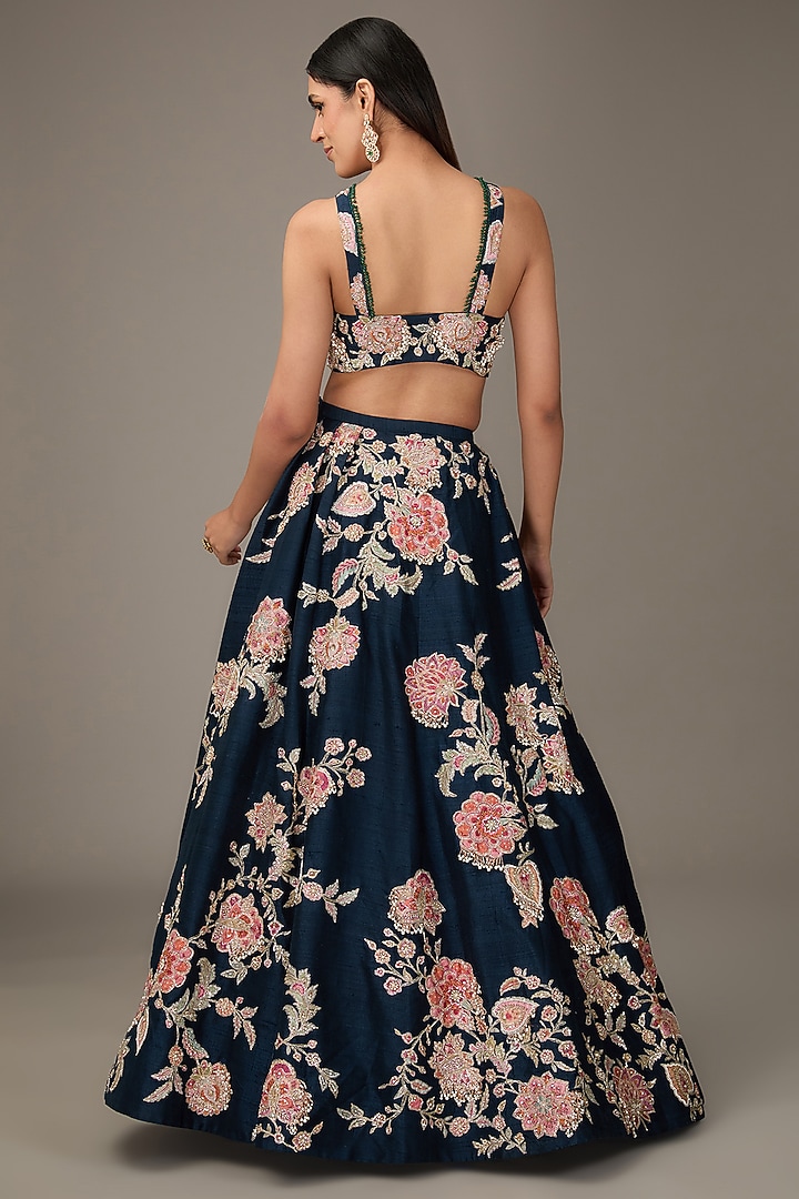 Navy Blue Raw Silk Floral Embroidered Bridal Lehenga Set by Ridhi Mehra at Pernia's Pop Up Shop