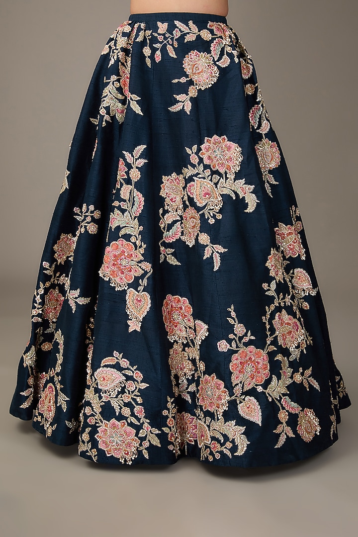 Navy Blue Raw Silk Floral Embroidered Bridal Lehenga Set by Ridhi Mehra at Pernia's Pop Up Shop