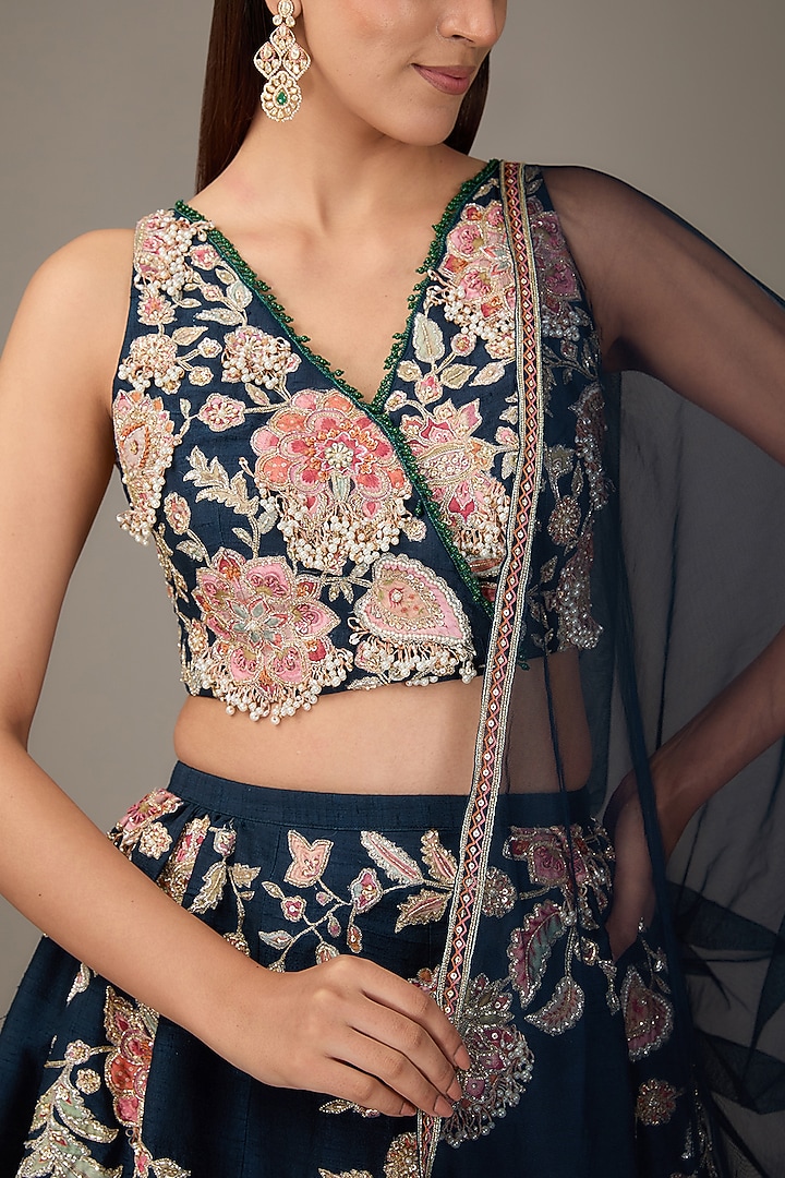 Navy Blue Raw Silk Floral Embroidered Bridal Lehenga Set by Ridhi Mehra at Pernia's Pop Up Shop