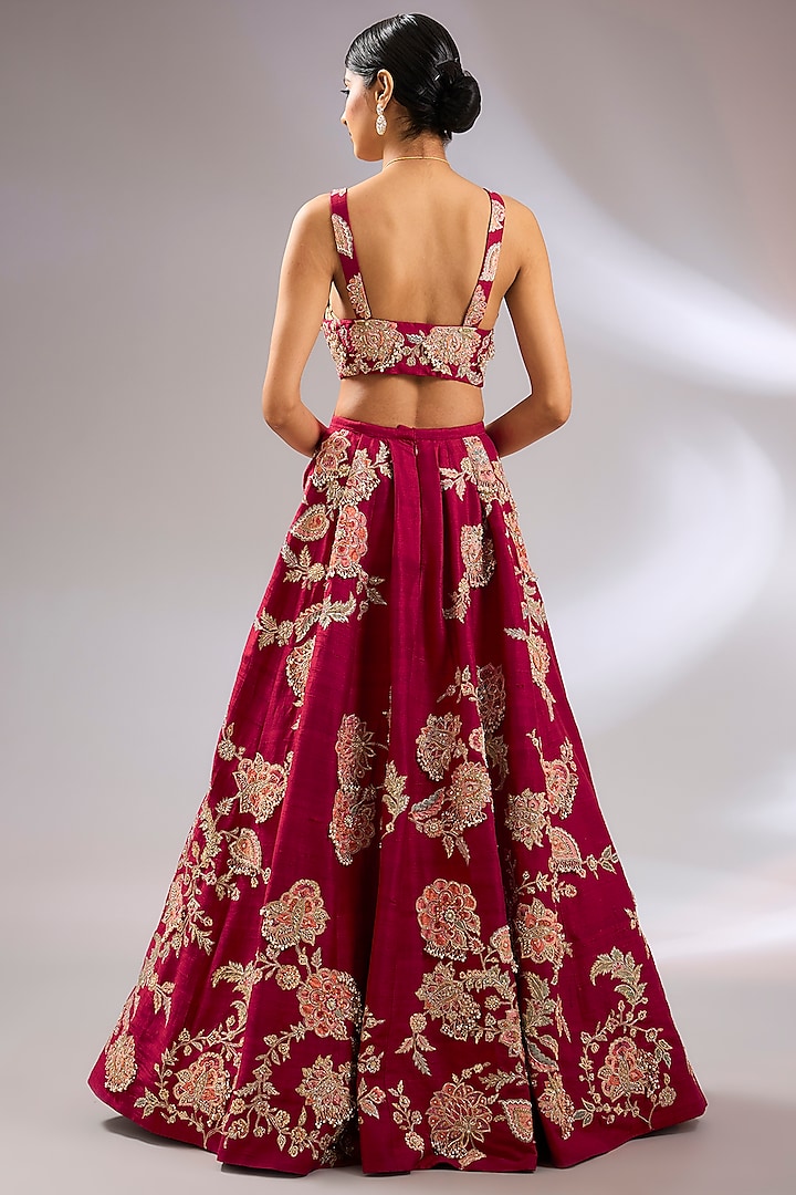 Red Raw Silk Floral Embroidered Bridal Lehenga Set by Ridhi Mehra at Pernia's Pop Up Shop