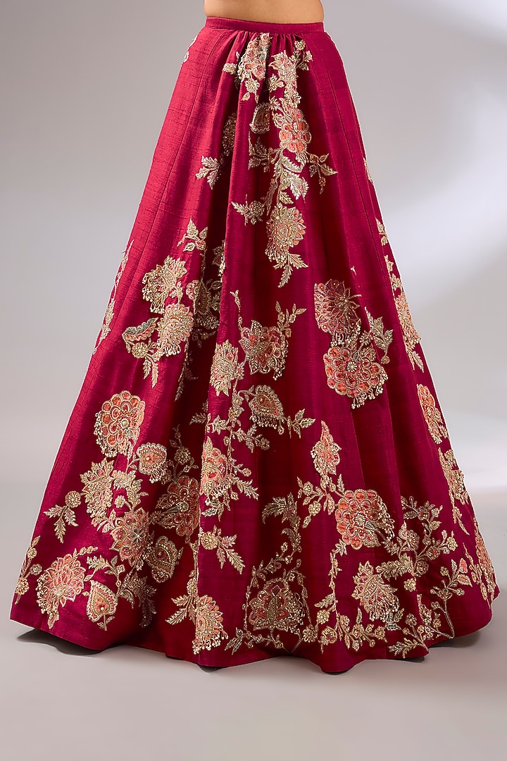 Red Raw Silk Floral Embroidered Bridal Lehenga Set by Ridhi Mehra at Pernia's Pop Up Shop