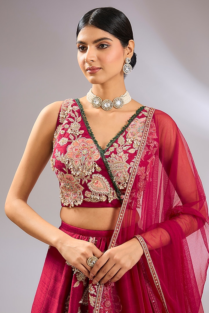 Red Raw Silk Floral Embroidered Bridal Lehenga Set by Ridhi Mehra at Pernia's Pop Up Shop