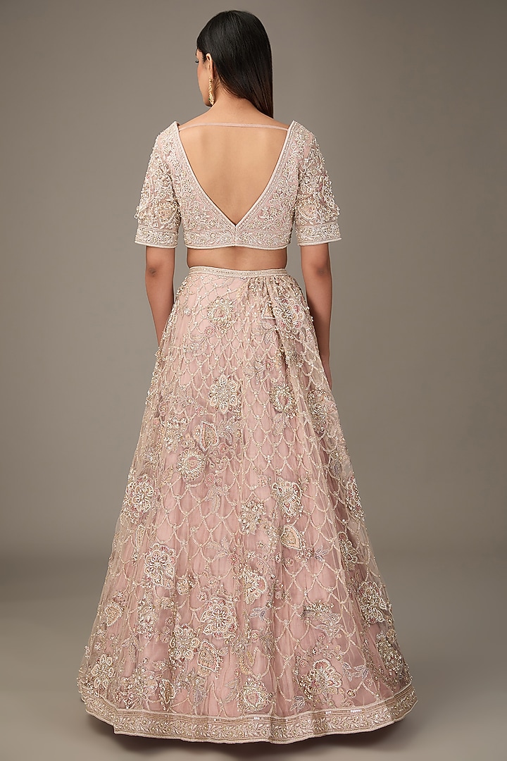 Dusty Pink Net Applique Embroidered Bridal Lehenga Set by Ridhi Mehra at Pernia's Pop Up Shop