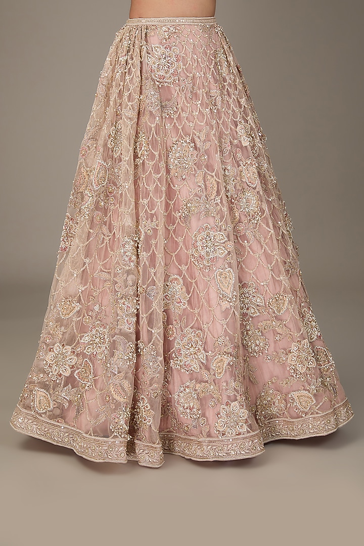 Dusty Pink Net Applique Embroidered Bridal Lehenga Set by Ridhi Mehra at Pernia's Pop Up Shop