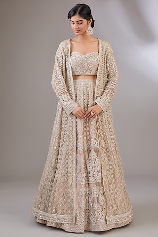 Champagne Net Floral Motif Embroidered Jacket Lehenga Set by Ridhi Mehra