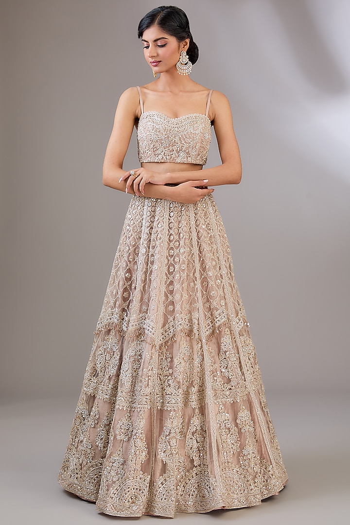 Champagne Net Floral Motif Embroidered Jacket Bridal Lehenga Set by Ridhi Mehra at Pernia's Pop Up Shop