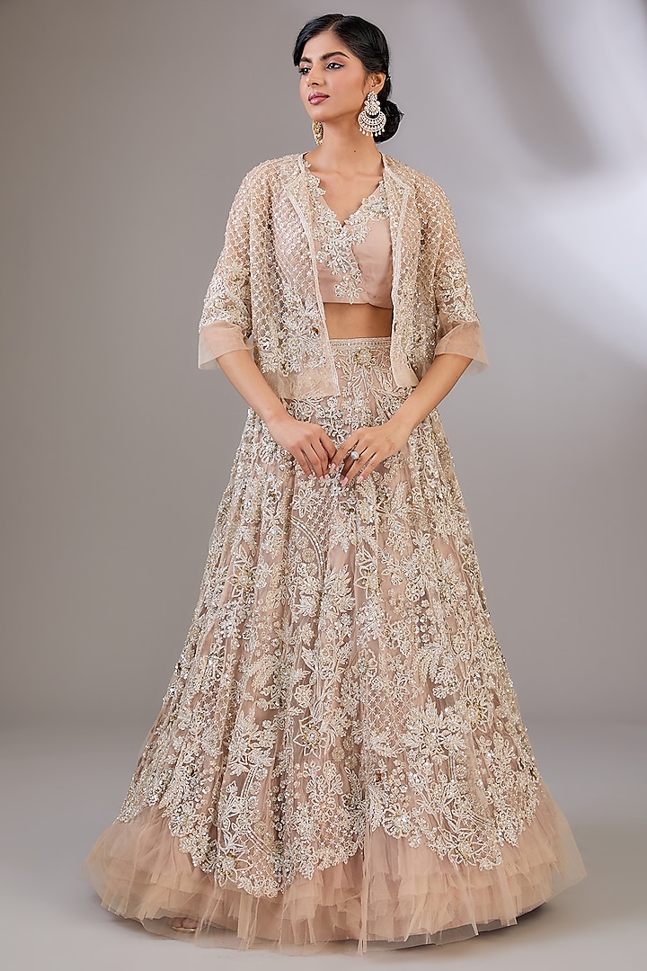 Champagne Net Embroidered Jacket Bridal Lehenga Set by Ridhi Mehra at Pernia's Pop Up Shop